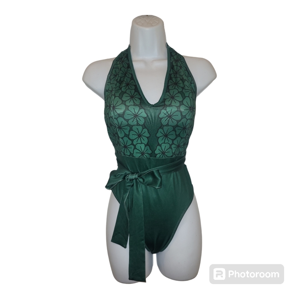 Swimsuit Floral Halter Top One Piece Green & Black Large